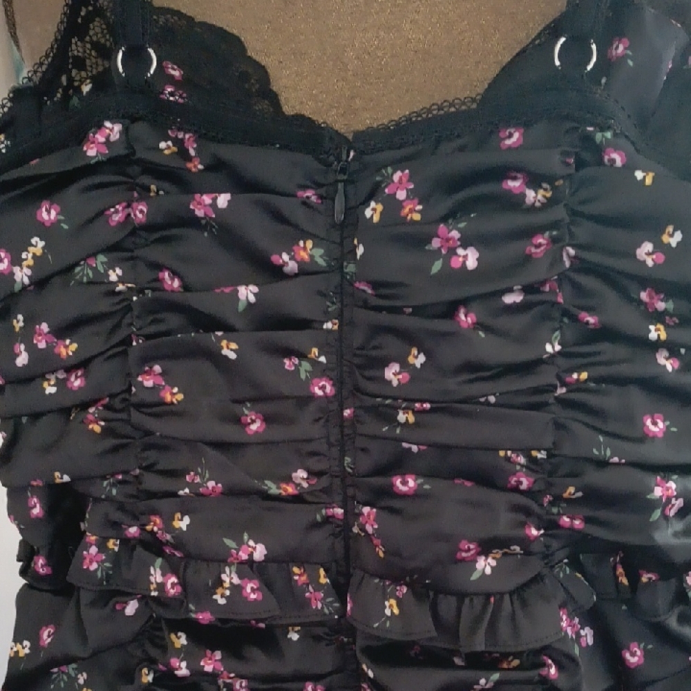 For Love And Lemons Ruched Black Dress with Pink Floral Accents - Picture 7 of 7